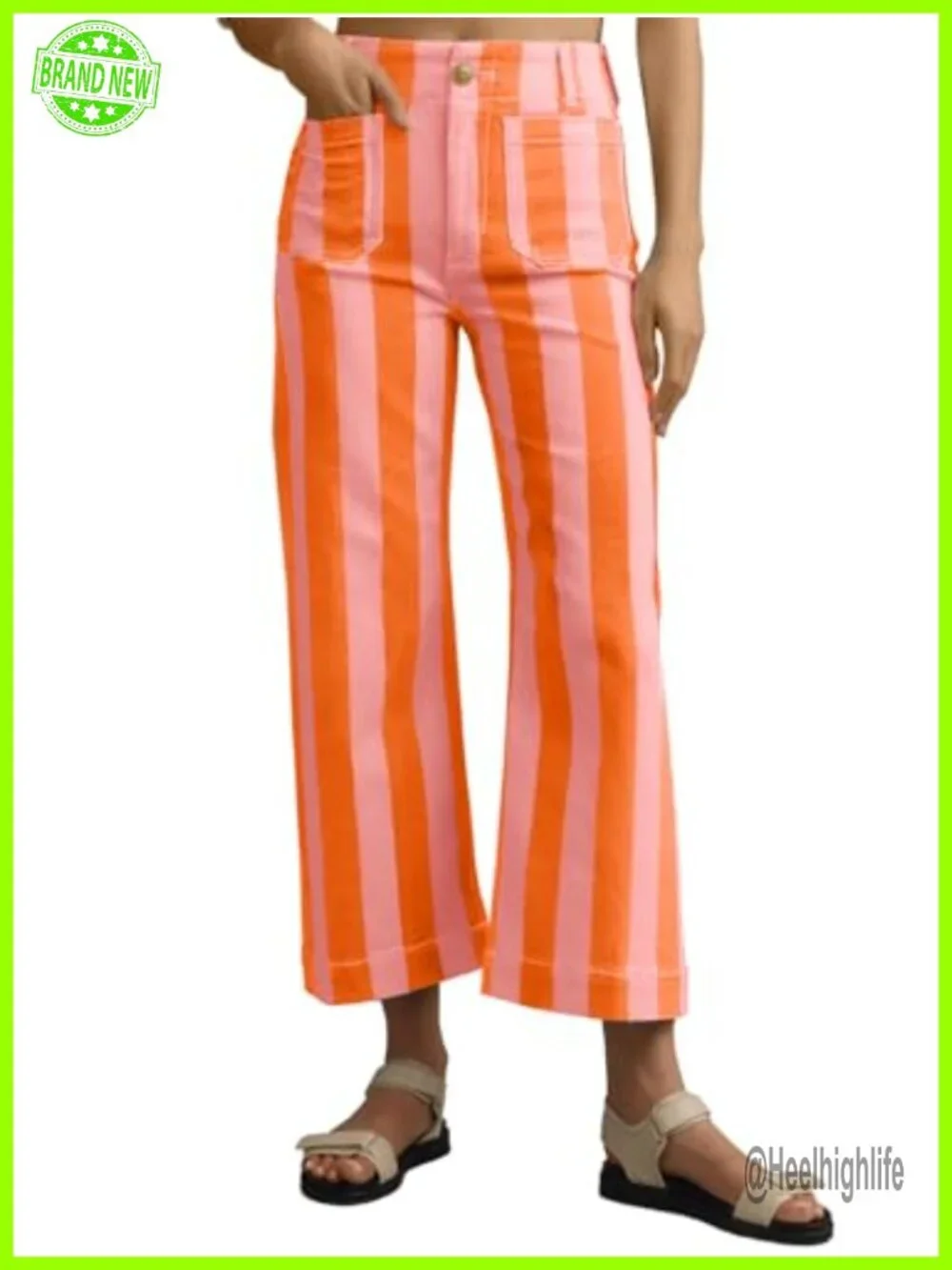 High Waisted Wide Leg Cropped Striped Jeans with Pockets Stretchy
